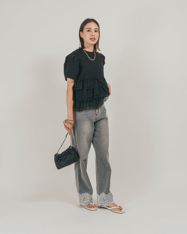 ［SET］チュールフリル ペプラムTシャツ + 接触冷感 10oz裾レースデニム（2SET）