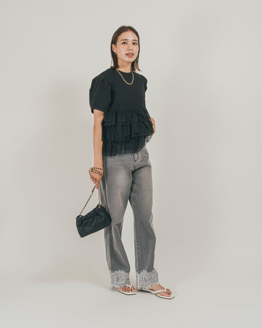 ［SET］チュールフリル ペプラムTシャツ + 接触冷感 10oz裾レースデニム（2SET）