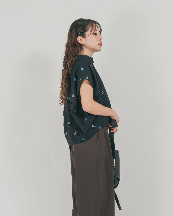 ［SET］Flower刺繍コクーンシャツ + ダブルタック ハイウエストワイドパンツ（2SET）