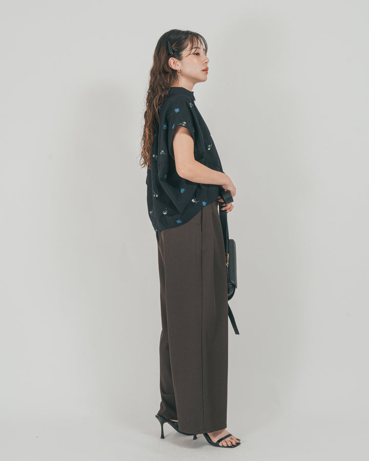 ［SET］Flower刺繍コクーンシャツ + ダブルタック ハイウエストワイドパンツ（2SET）