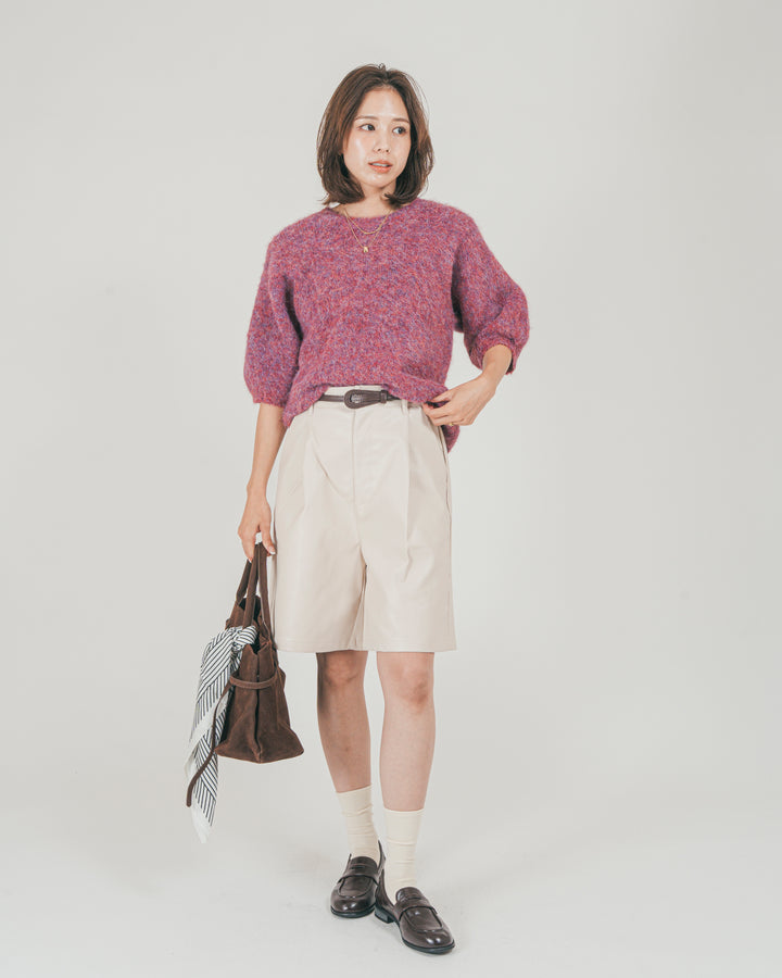 ［SET］フェザータッチハーフスリーブニット + レザーライクハーフパンツ（2SET）