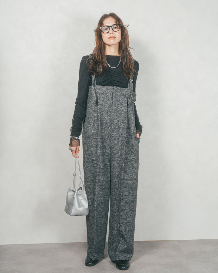 【2枚SET】チュールシャーリングトップス＆リブトップス (BLACK x BLACK)