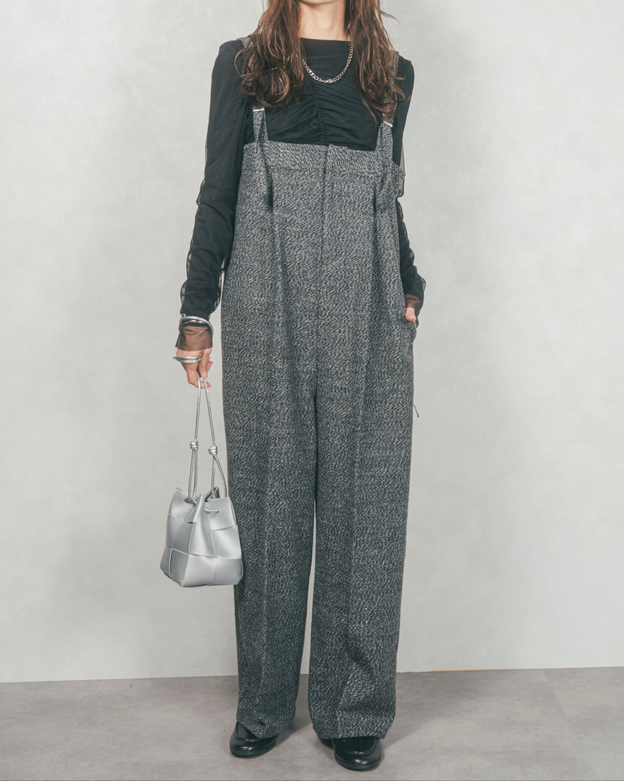 ［SET］【2枚SET】チュールシャーリングトップス＆リブトップス+Tweedベロアサロペット（2SET）