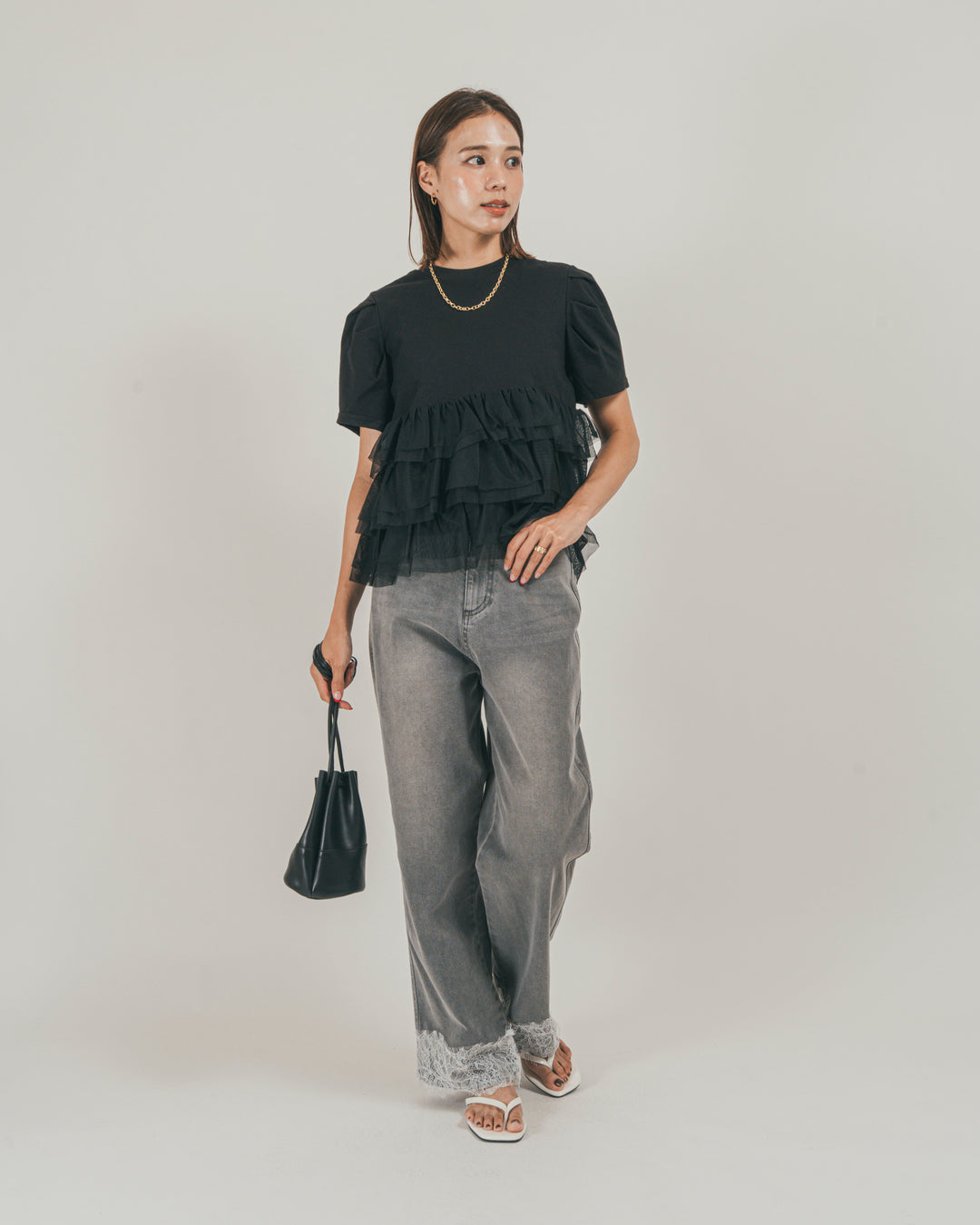 ［SET］チュールフリル ペプラムTシャツ + 接触冷感 10oz裾レースデニム（2SET）