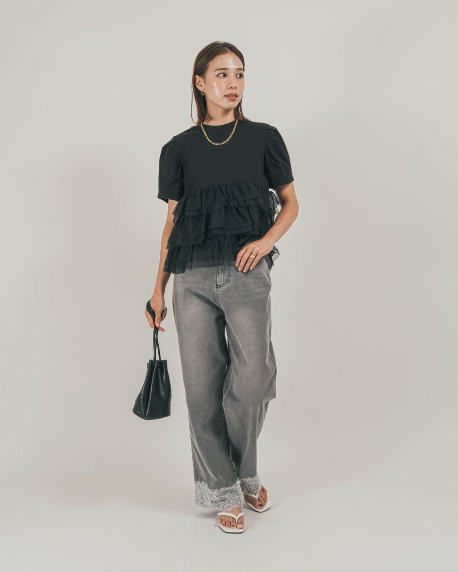 ［SET］チュールフリル ペプラムTシャツ + 接触冷感 10oz裾レースデニム（2SET）