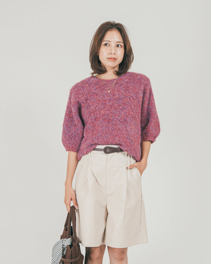 ［SET］フェザータッチハーフスリーブニット + レザーライクハーフパンツ（2SET）