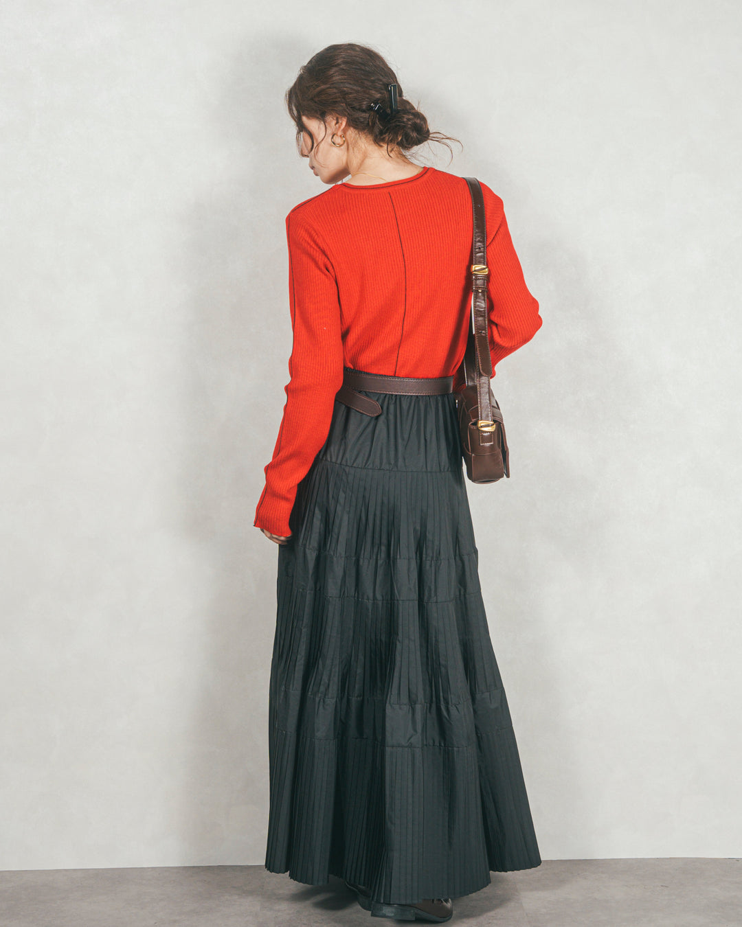 ［SET］Line Rib クルーネックニット+プリーツティアードLongスカート