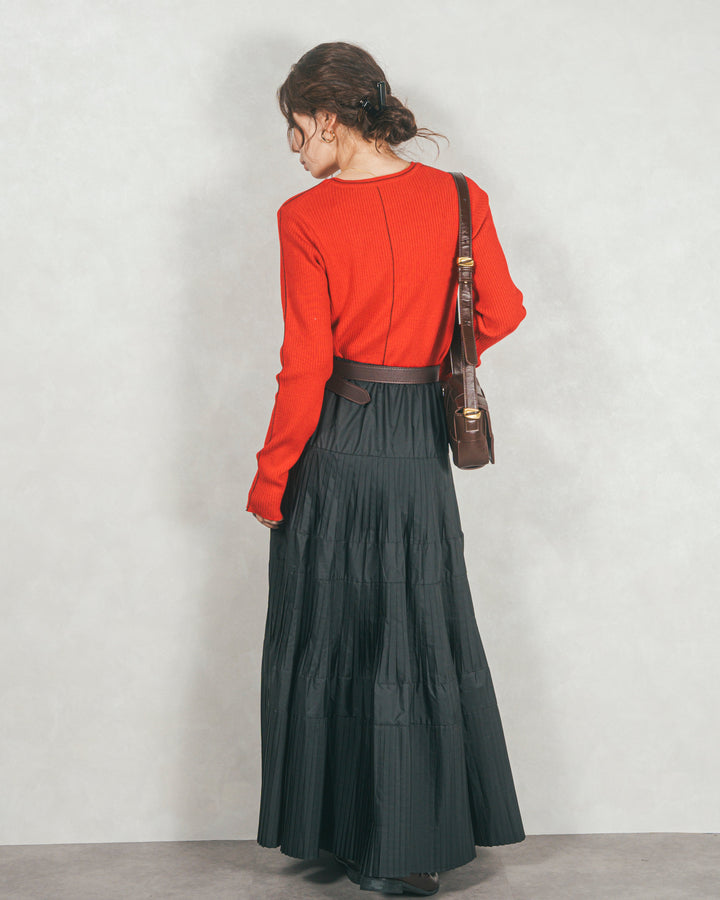［SET］Line Rib クルーネックニット+プリーツティアードLongスカート