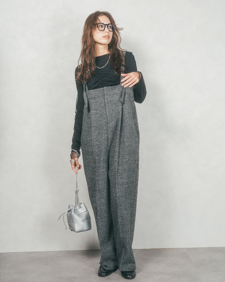 【2枚SET】チュールシャーリングトップス＆リブトップス (BLACK x BLACK)