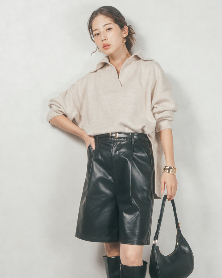 ［SET］サイドスリット襟付きスキッパーニット+レザーライクハーフパンツ（2SET）