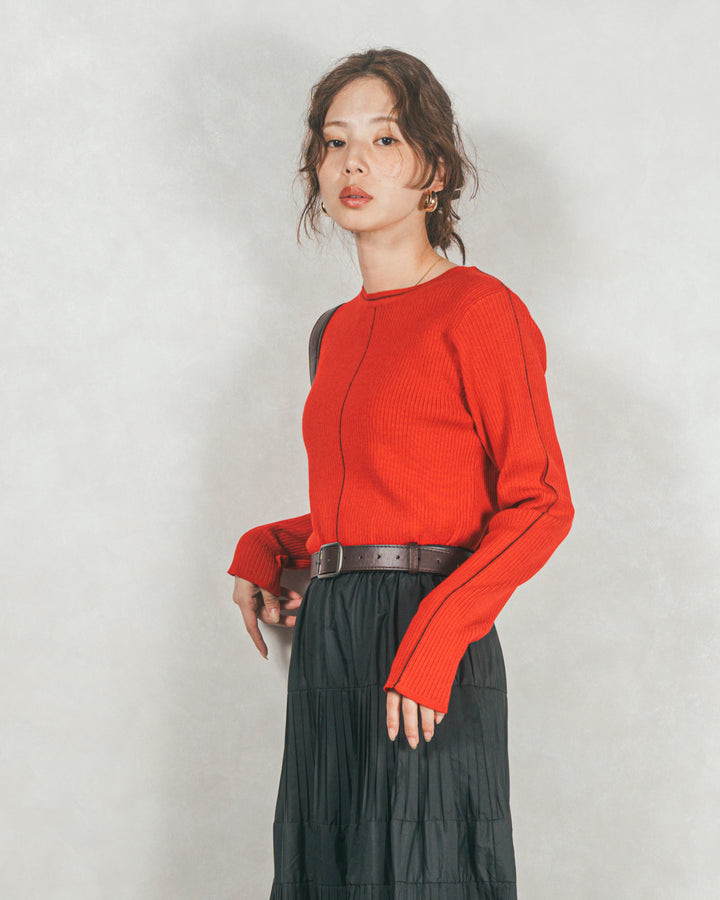 ［SET］Line Rib クルーネックニット+プリーツティアードLongスカート