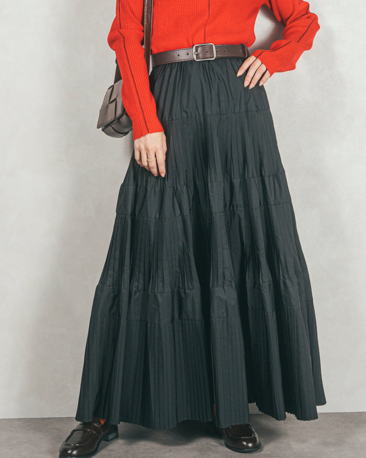 プリーツティアードLongスカート (BLACK)