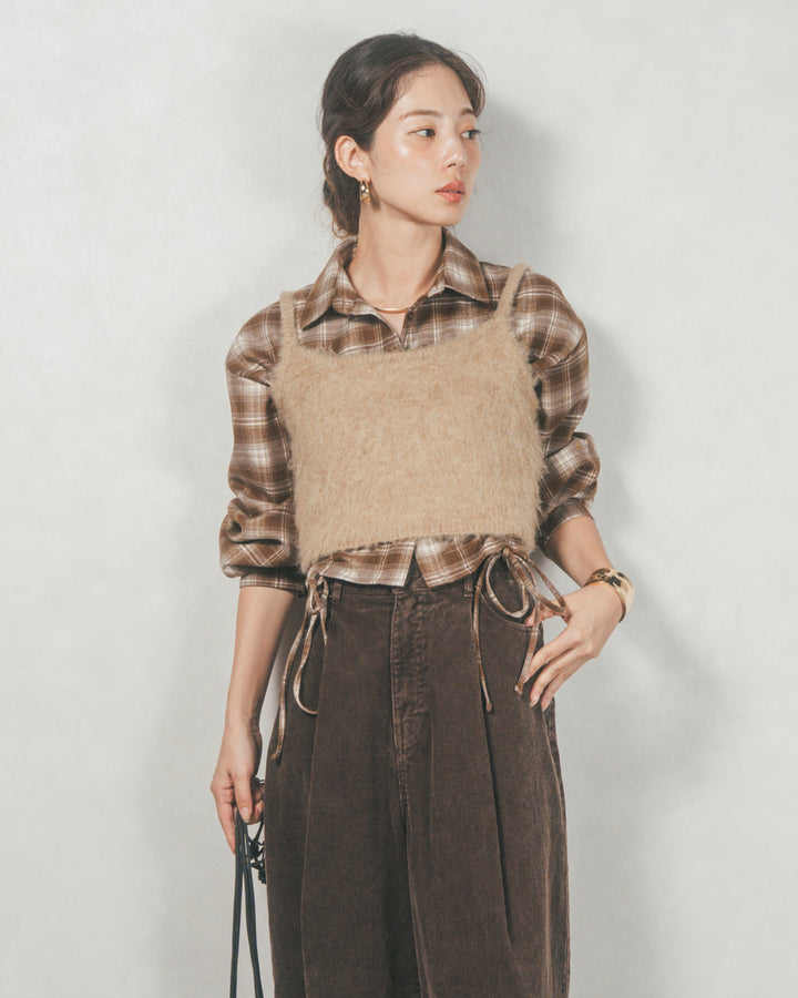 ［SET］裾ドロストクロップドチェックシャツ+モヘアタッチKnitビスチェ+コーデュロイWideストレートパンツ（3SET）