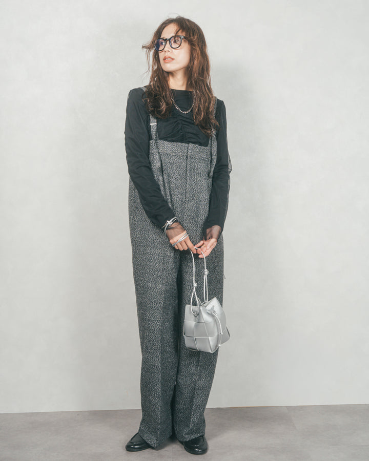 【2枚SET】チュールシャーリングトップス＆リブトップス (BLACK x BLACK)