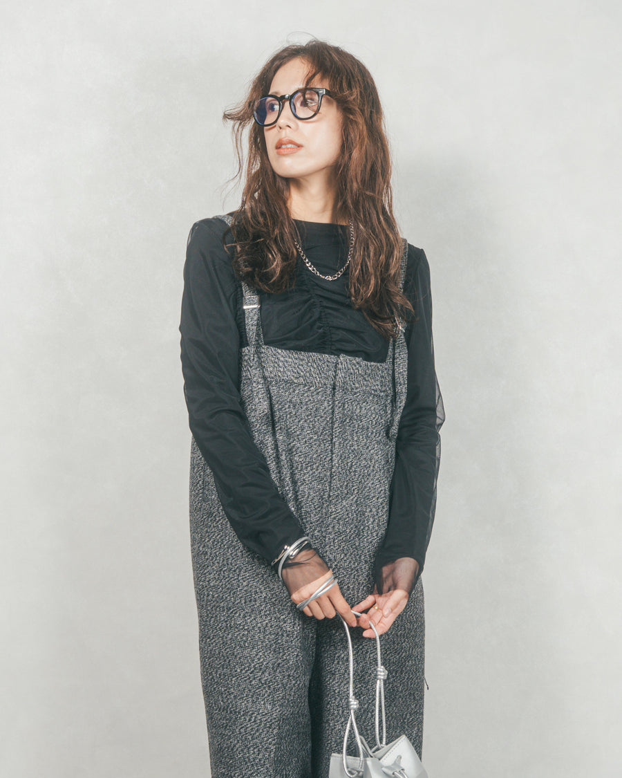 ［SET］【2枚SET】チュールシャーリングトップス＆リブトップス+Tweedベロアサロペット（2SET）