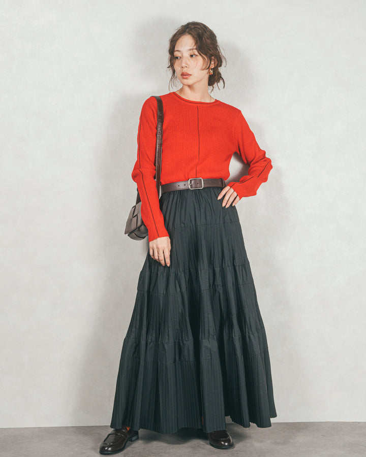 ［SET］Line Rib クルーネックニット+プリーツティアードLongスカート
