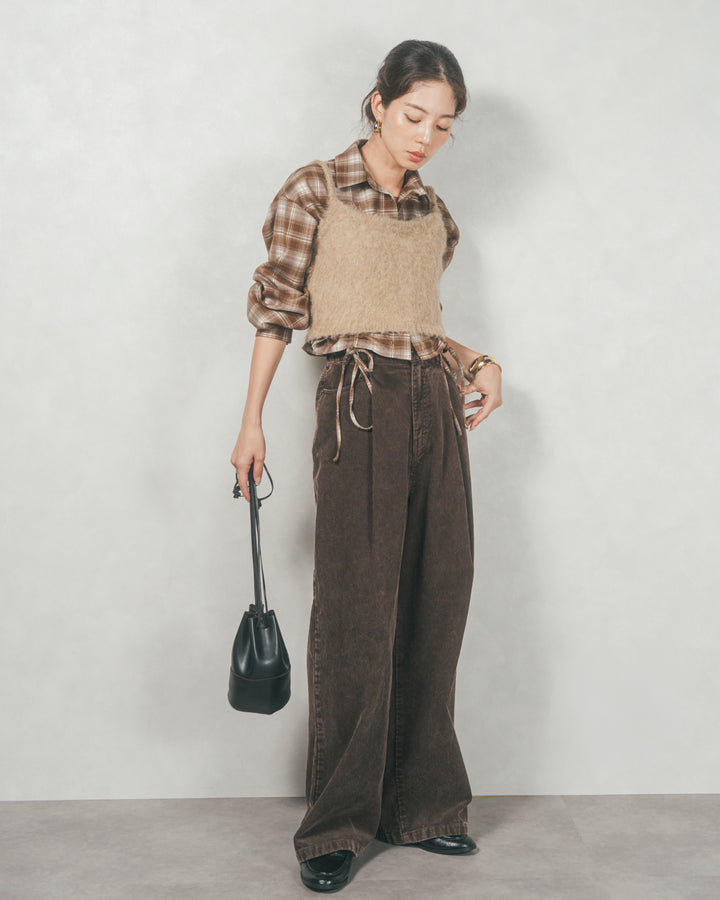 ［SET］裾ドロストクロップドチェックシャツ+モヘアタッチKnitビスチェ+コーデュロイWideストレートパンツ（3SET）