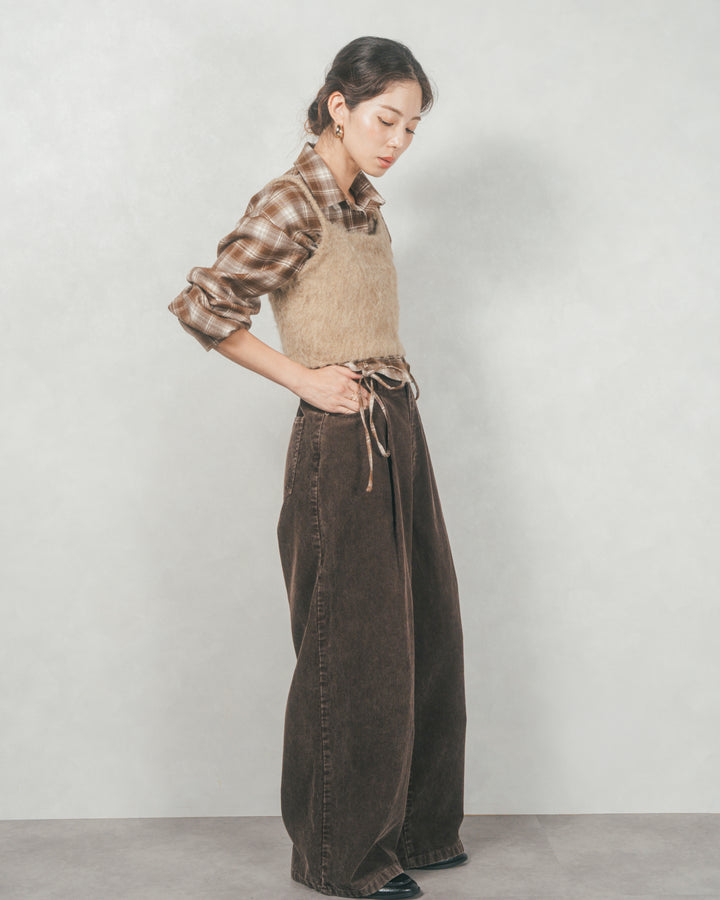 ［SET］裾ドロストクロップドチェックシャツ+モヘアタッチKnitビスチェ+コーデュロイWideストレートパンツ（3SET）
