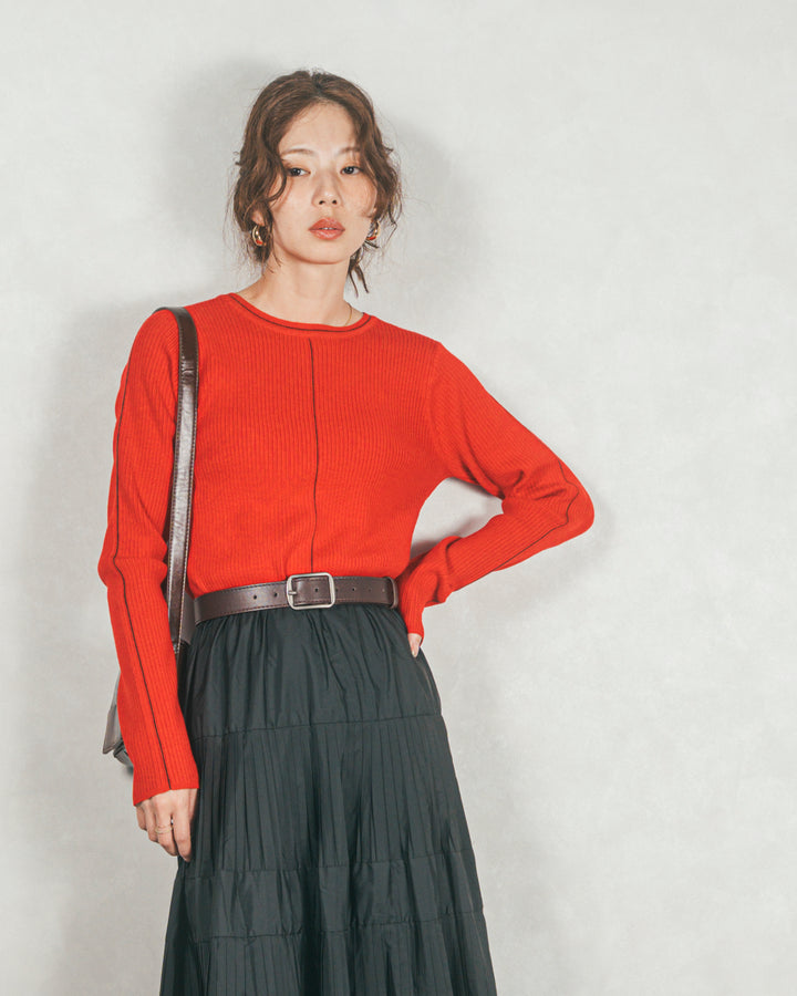 ［SET］Line Rib クルーネックニット+プリーツティアードLongスカート