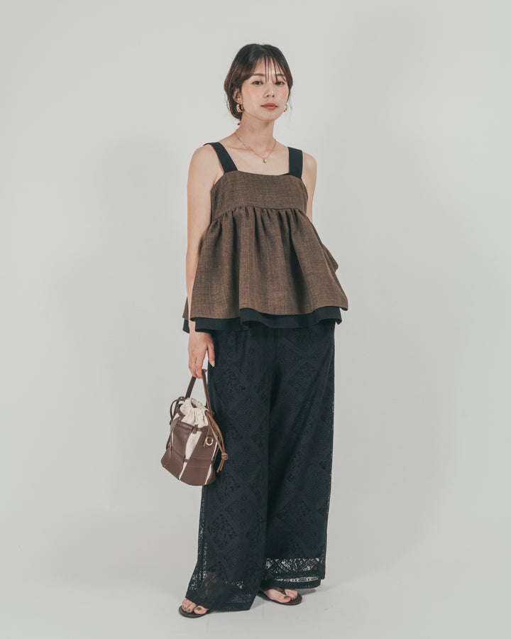 ［SET］スラブTweedバイカラーティアードキャミ + Blockレース　ストレートパンツ（2SET）