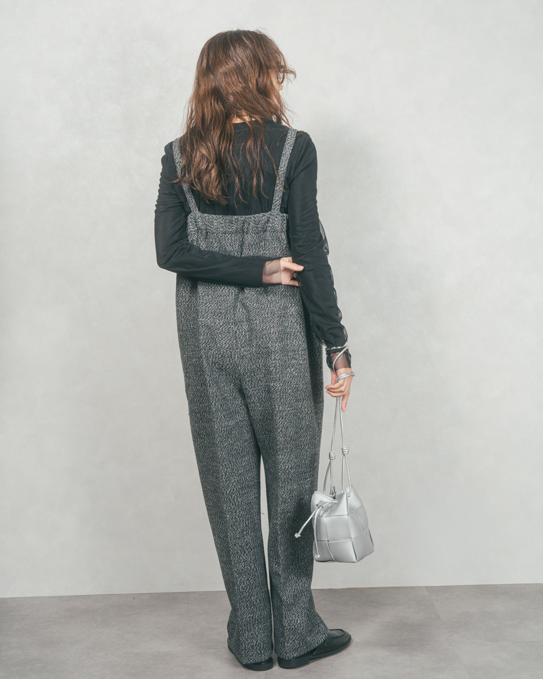 【2枚SET】チュールシャーリングトップス＆リブトップス (BLACK x BLACK)