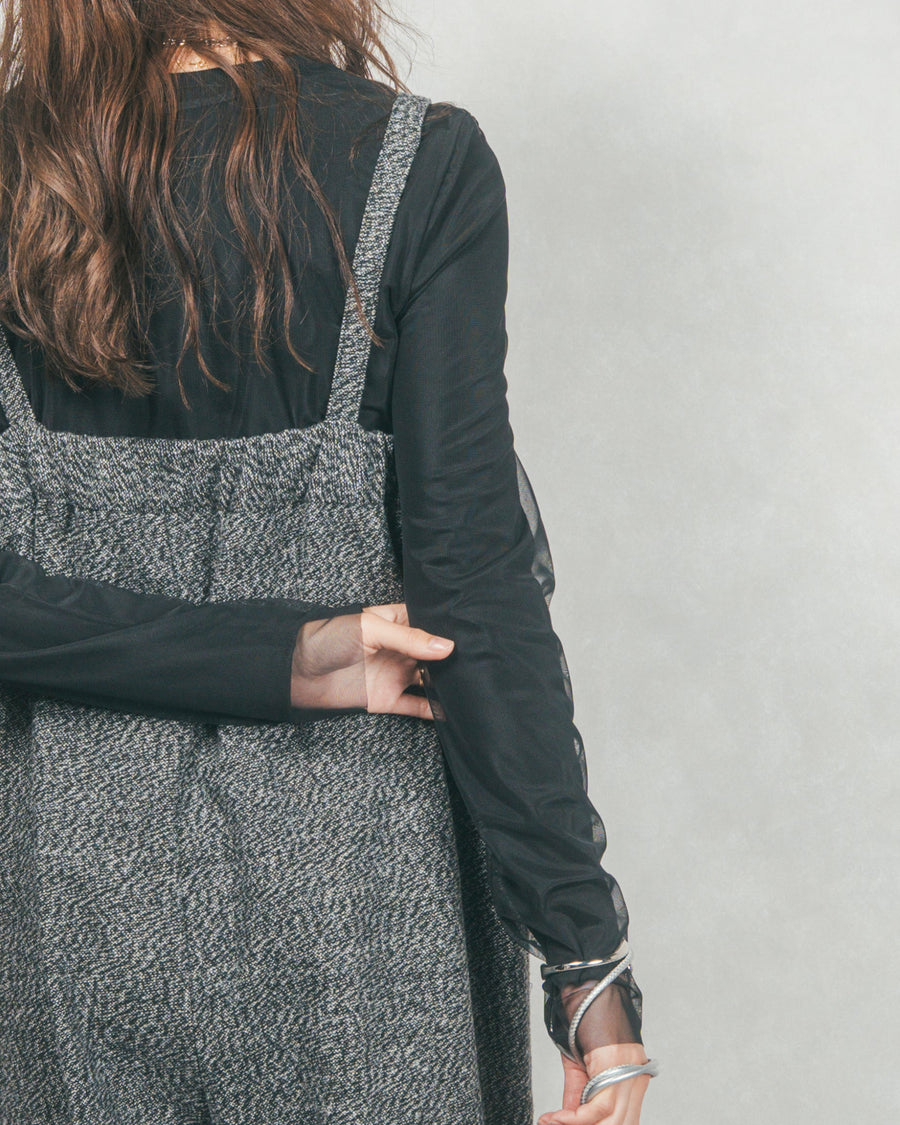 ［SET］【2枚SET】チュールシャーリングトップス＆リブトップス+Tweedベロアサロペット（2SET）