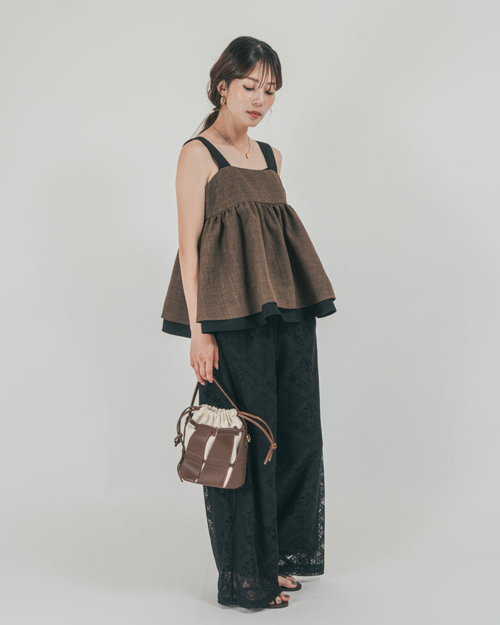 ［SET］スラブTweedバイカラーティアードキャミ + Blockレース　ストレートパンツ（2SET）