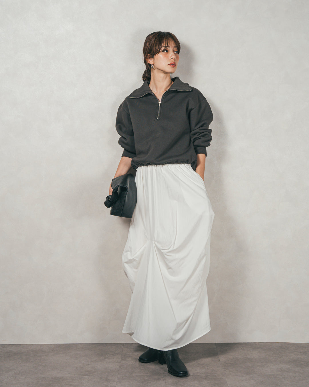 ［SET］裏起毛ハーフZipスウェット+ヴィンテージブロードランダムタックスカート（2SET）