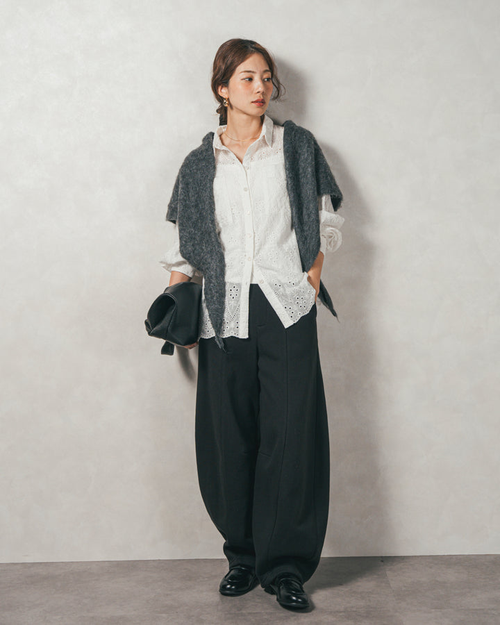 ［SET］コットンフラワーレースシャツ+Relax 裏起毛カーブパンツ（2SET）