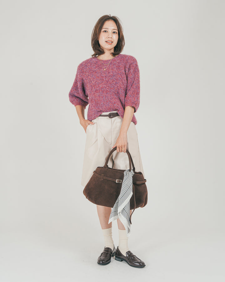 ［SET］フェザータッチハーフスリーブニット + レザーライクハーフパンツ（2SET）