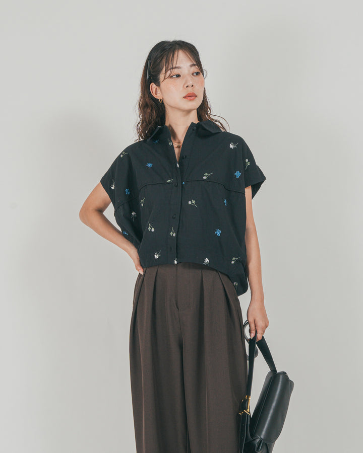 ［SET］Flower刺繍コクーンシャツ + ダブルタック ハイウエストワイドパンツ（2SET）