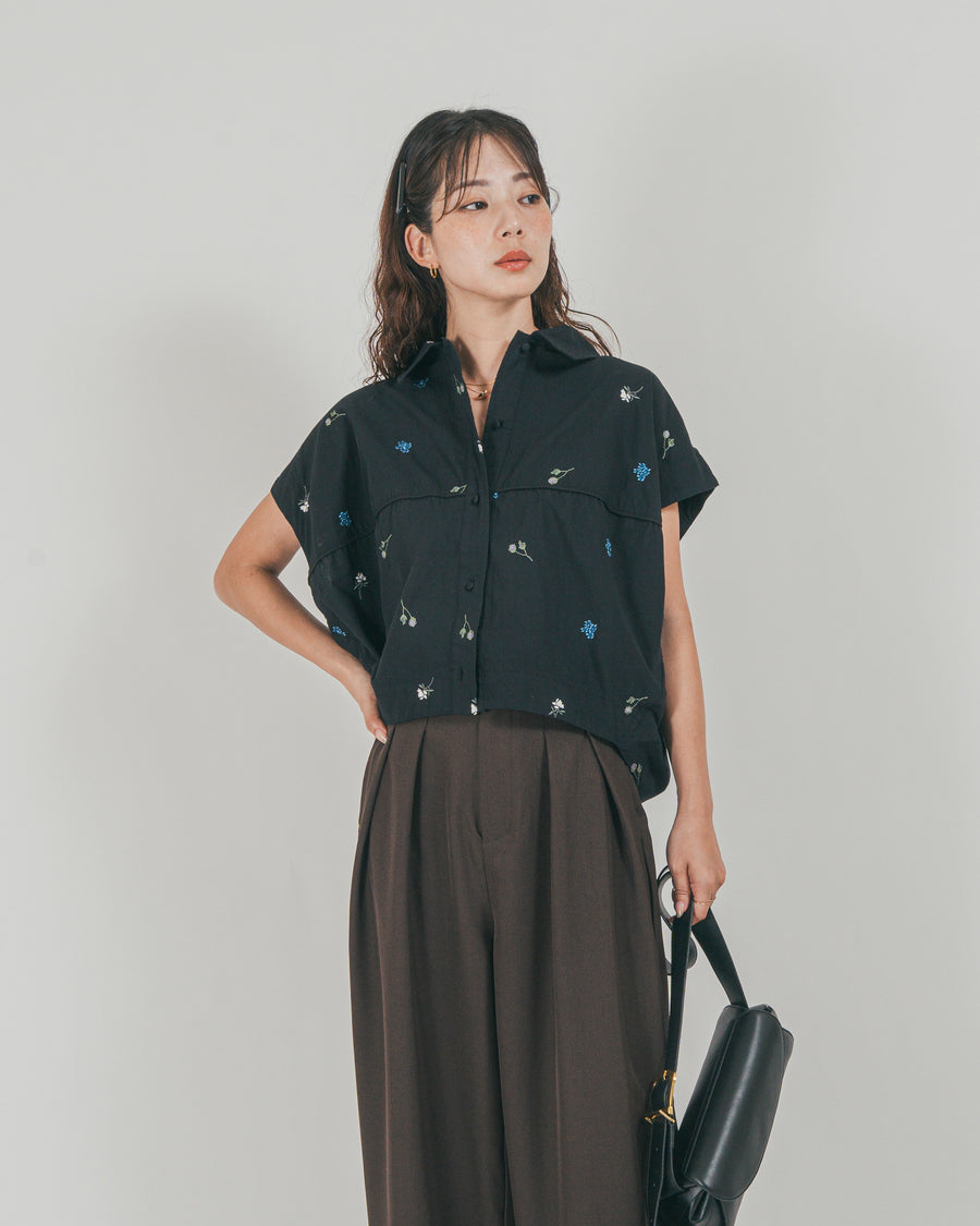 ［SET］Flower刺繍コクーンシャツ + ダブルタック ハイウエストワイドパンツ（2SET）