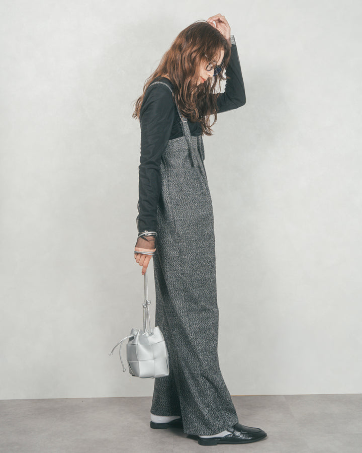 【2枚SET】チュールシャーリングトップス＆リブトップス (BLACK x BLACK)