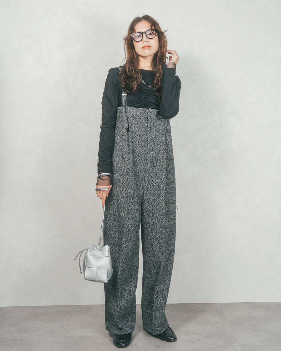 ［SET］【2枚SET】チュールシャーリングトップス＆リブトップス+Tweedベロアサロペット（2SET）