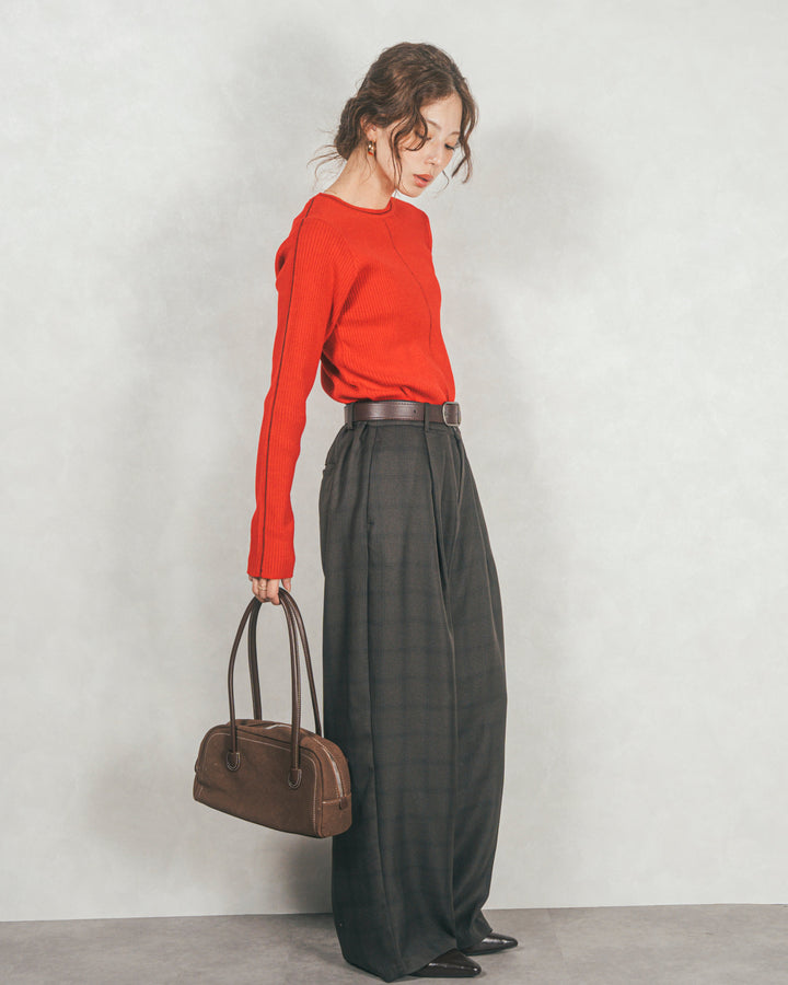 ［SET］Line Rib クルーネックニット+メランジチェックStraightパンツ（2SET）