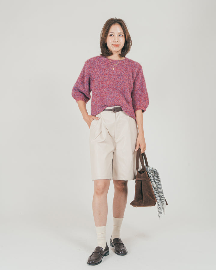 ［SET］フェザータッチハーフスリーブニット + レザーライクハーフパンツ（2SET）