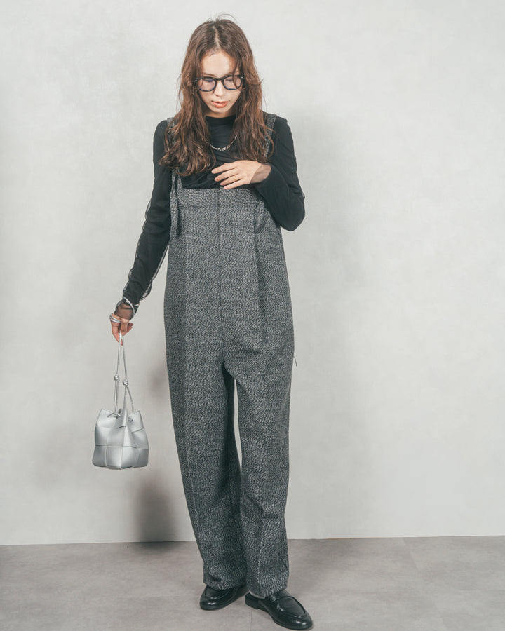 【2枚SET】チュールシャーリングトップス＆リブトップス (BLACK x BLACK)