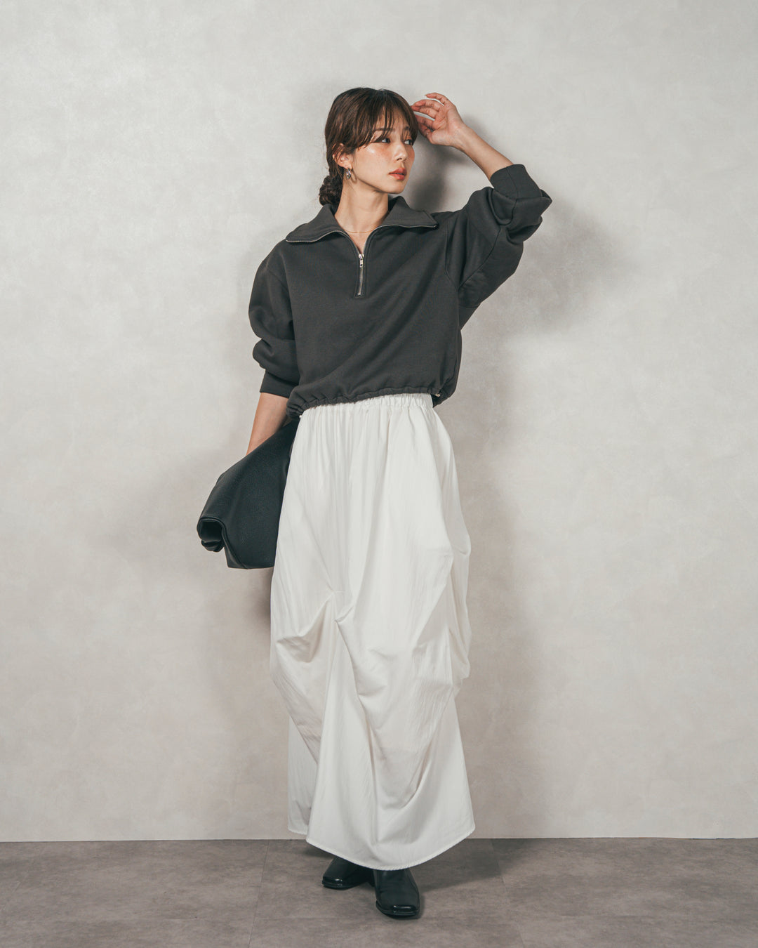 ［SET］裏起毛ハーフZipスウェット+ヴィンテージブロードランダムタックスカート（2SET）