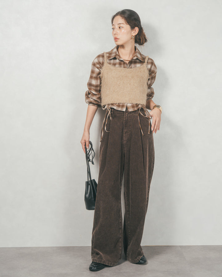 ［SET］裾ドロストクロップドチェックシャツ+モヘアタッチKnitビスチェ+コーデュロイWideストレートパンツ（3SET）