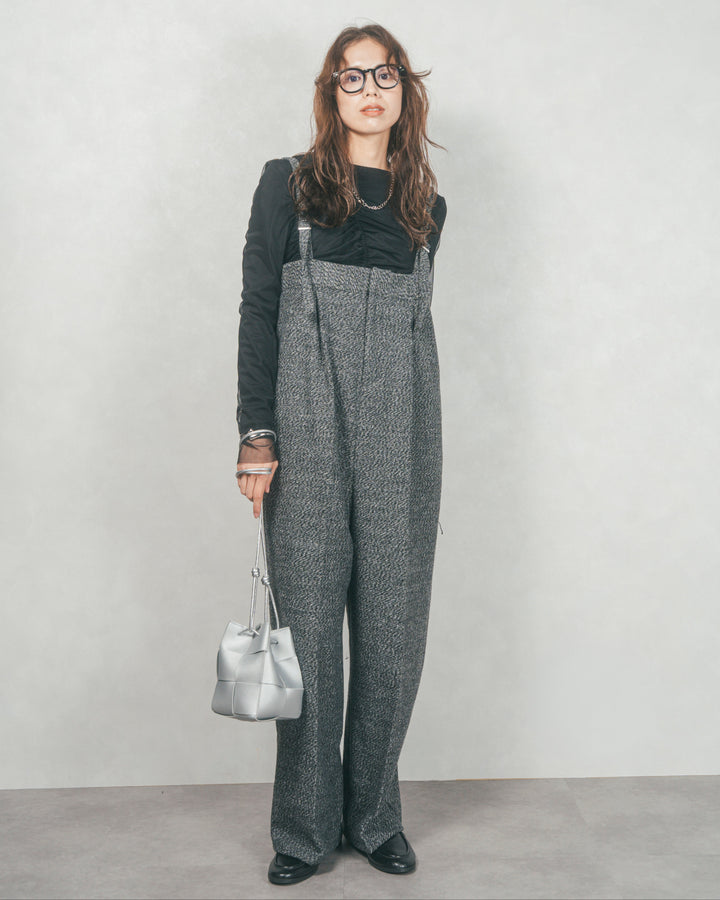 【2枚SET】チュールシャーリングトップス＆リブトップス (BLACK x BLACK)