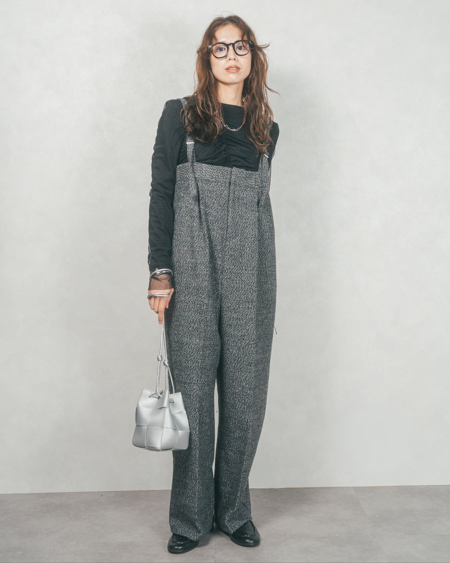 ［SET］【2枚SET】チュールシャーリングトップス＆リブトップス+Tweedベロアサロペット（2SET）