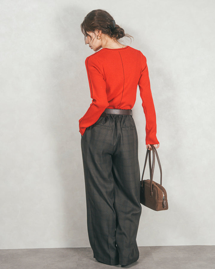 ［SET］Line Rib クルーネックニット+メランジチェックStraightパンツ（2SET）