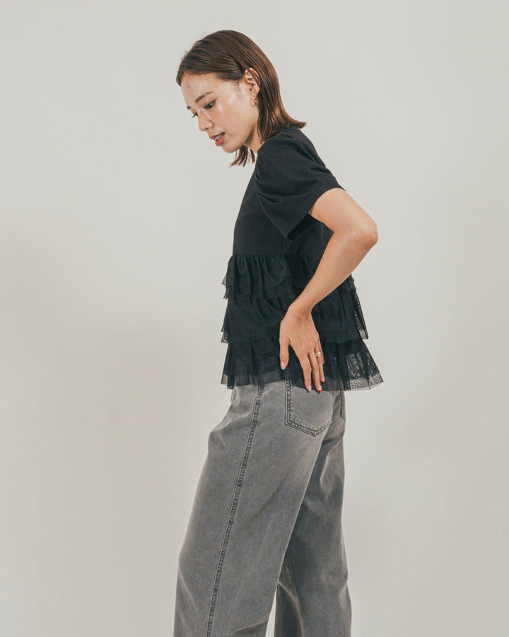 ［SET］チュールフリル ペプラムTシャツ + 接触冷感 10oz裾レースデニム（2SET）