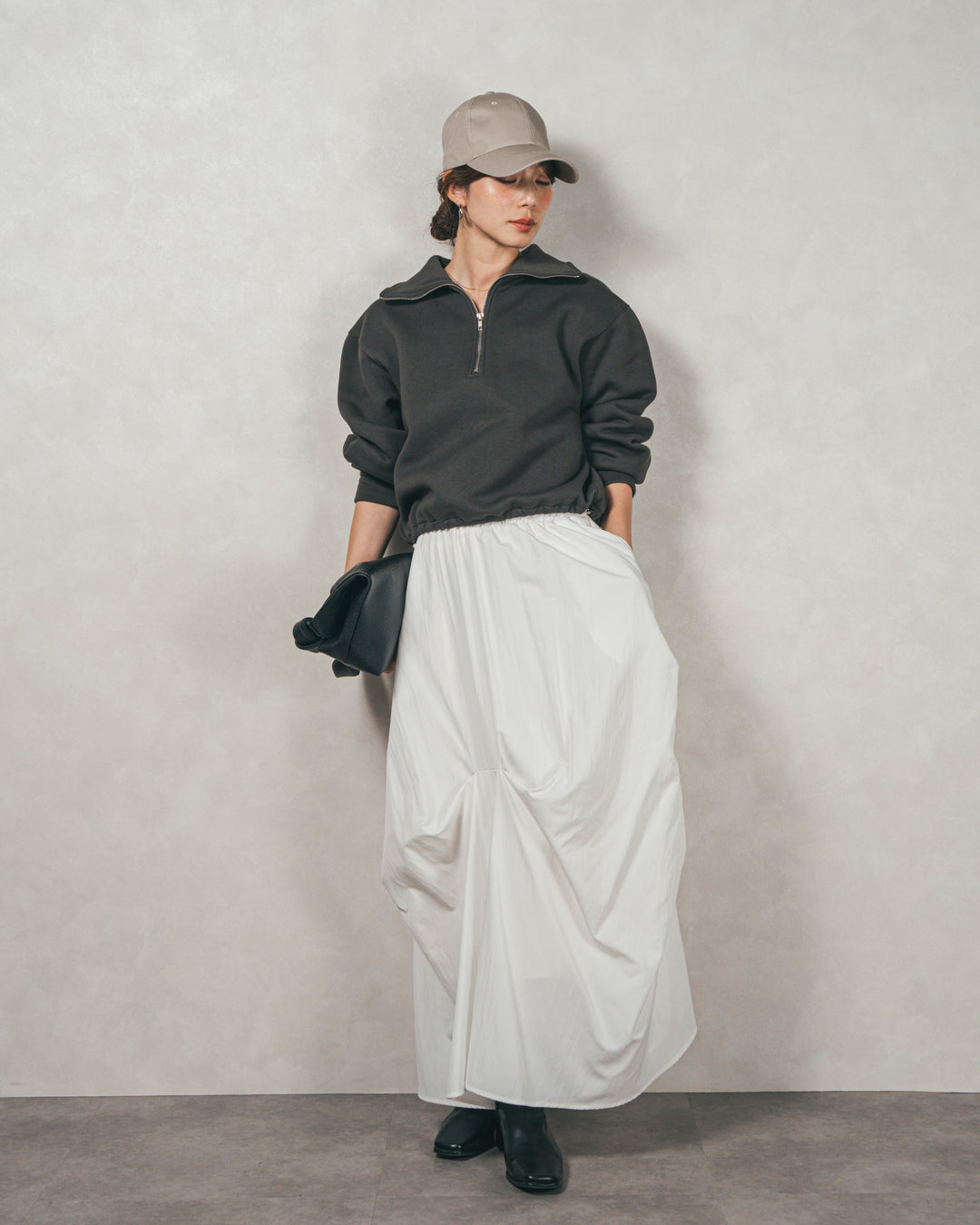 ［SET］裏起毛ハーフZipスウェット+ヴィンテージブロードランダムタックスカート（2SET）