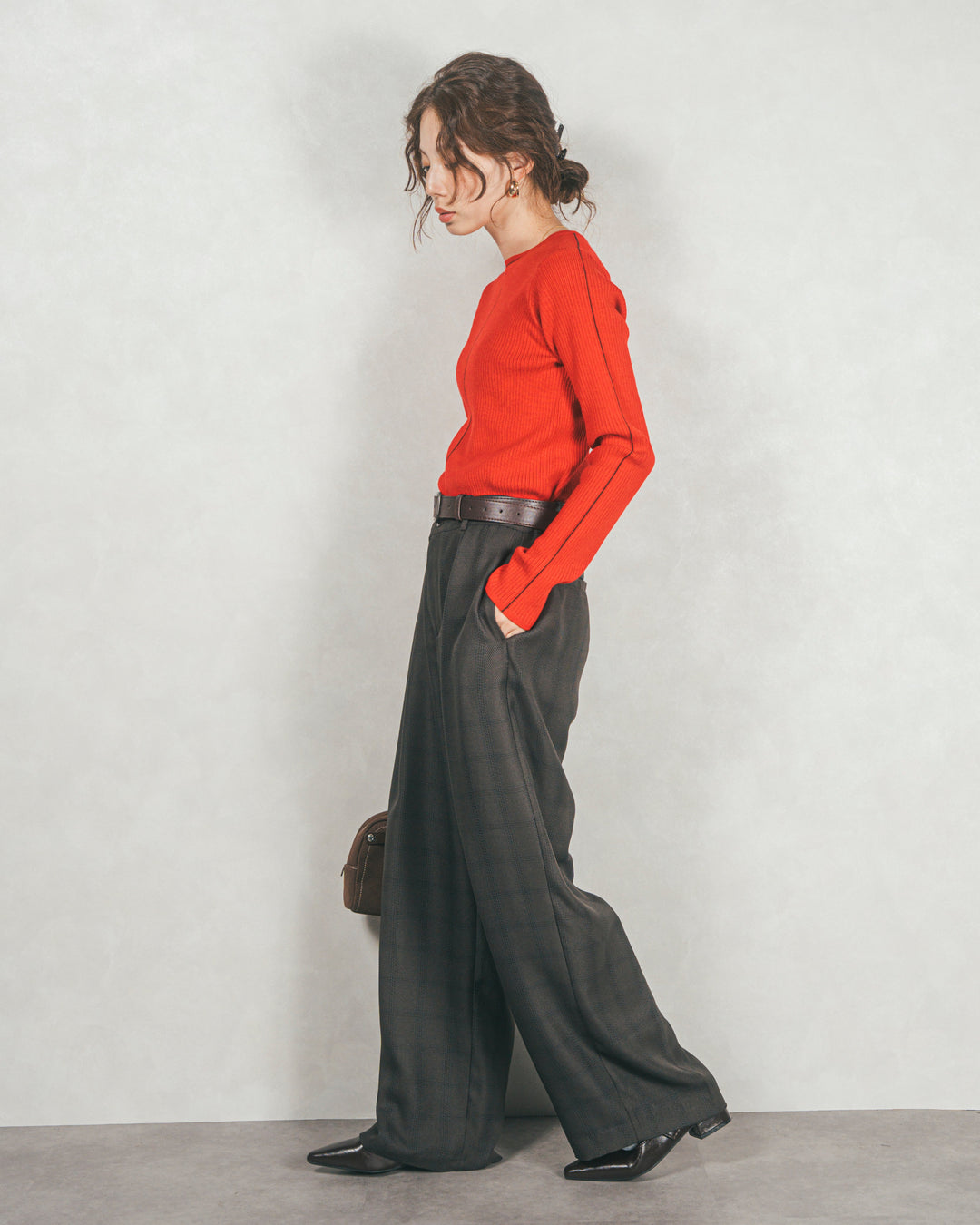 ［SET］Line Rib クルーネックニット+メランジチェックStraightパンツ（2SET）