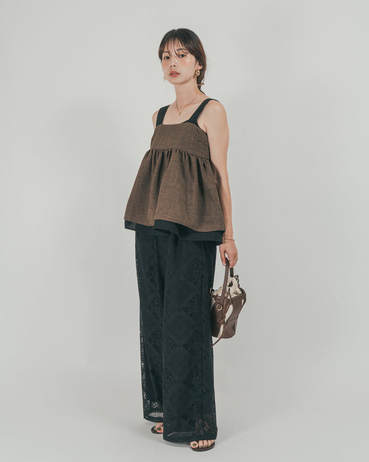 ［SET］スラブTweedバイカラーティアードキャミ + Blockレース　ストレートパンツ（2SET）