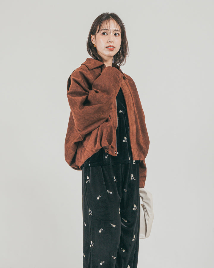 ［SET］Flower刺繍 ベロアペプラムキャミ + Flower刺繍 ベロアパンツ（2SET）