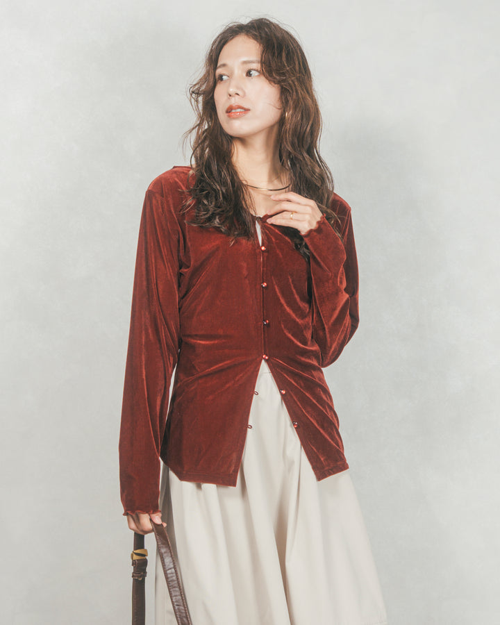 ［SET］ベロア Vネックカーディガン+コクーンシルエットロングスカート（2SET）