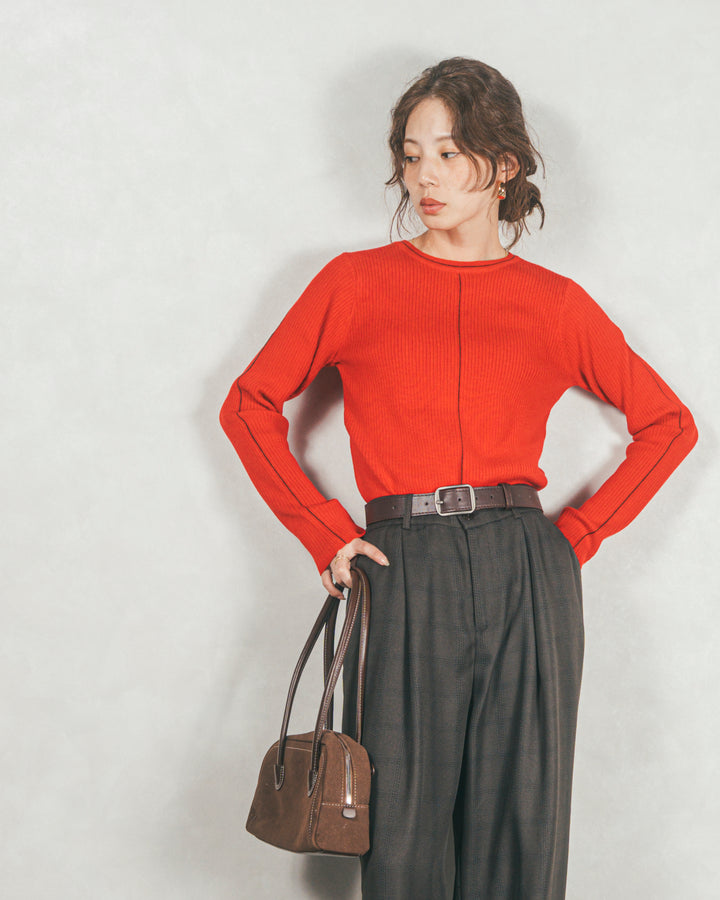 ［SET］Line Rib クルーネックニット+メランジチェックStraightパンツ（2SET）
