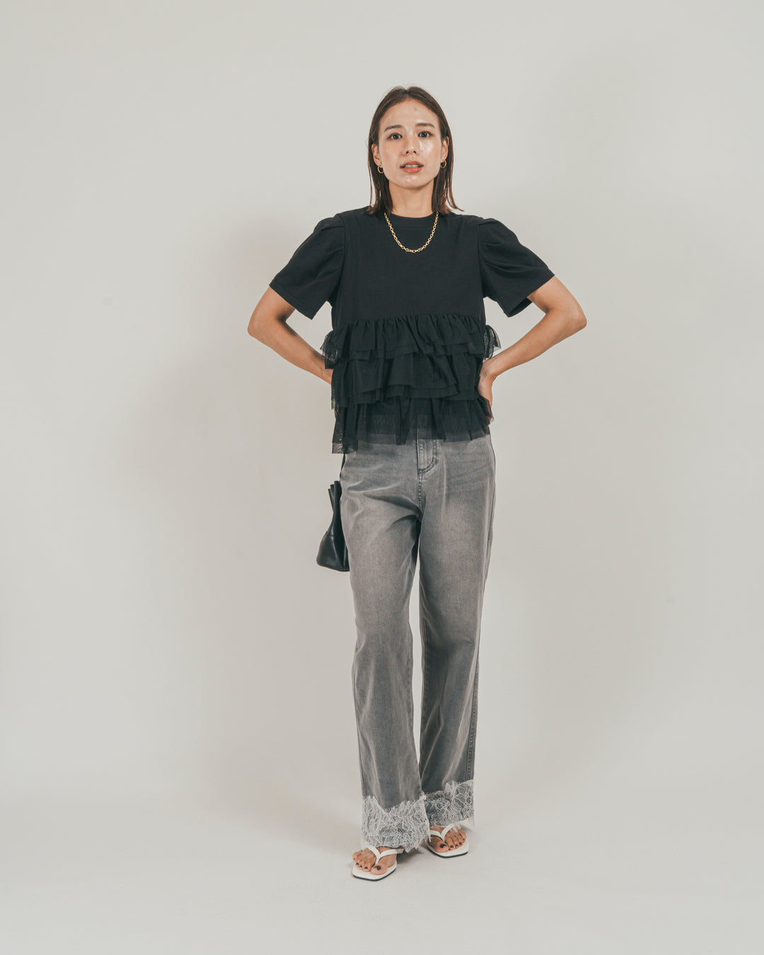 ［SET］チュールフリル ペプラムTシャツ + 接触冷感 10oz裾レースデニム（2SET）